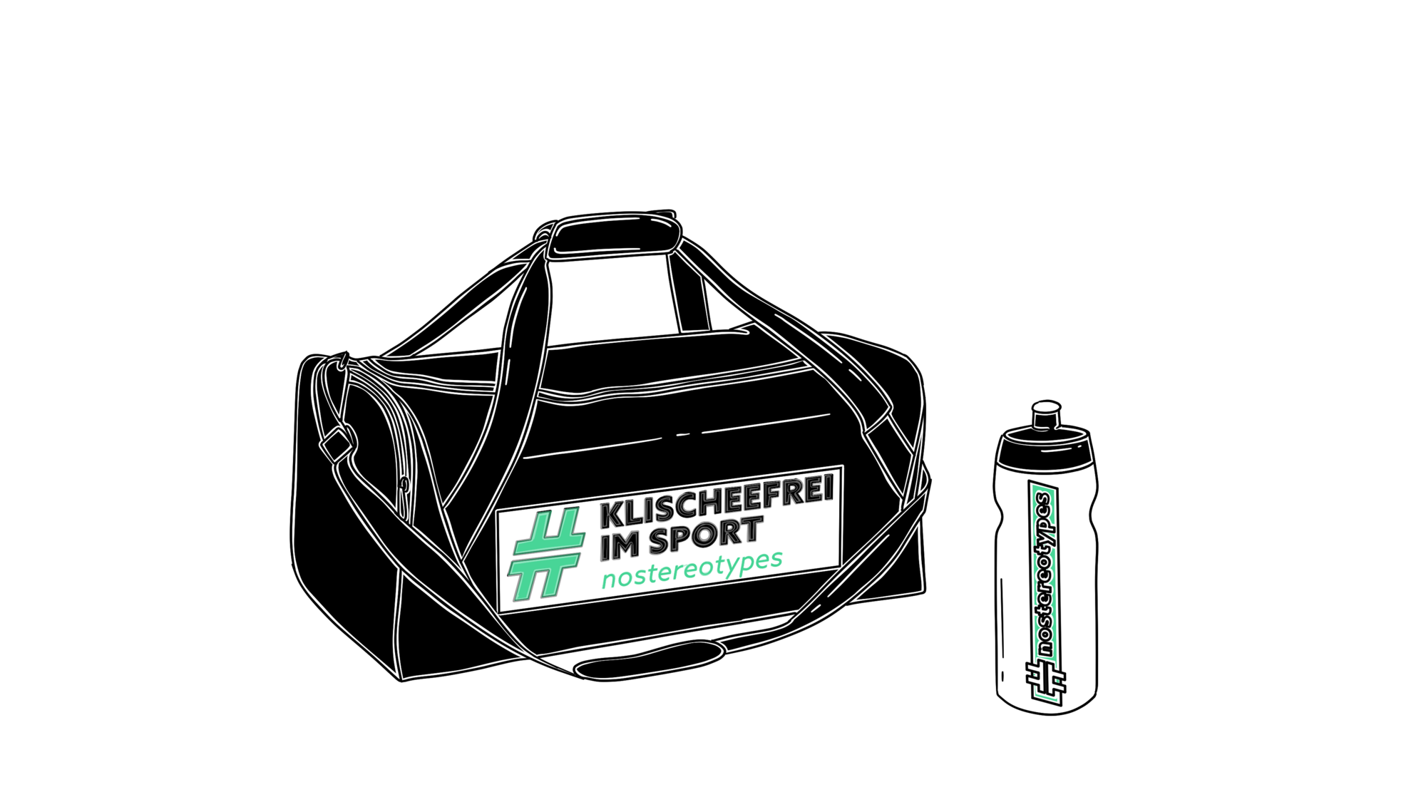 Eine schwarze Sporttasche und eine Trinkflasche mit dem Projektlogo