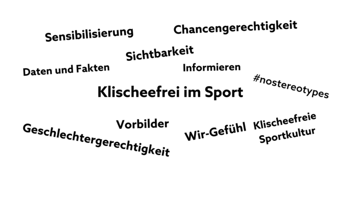 Eine Wortwolke mit verschiedenen Wörtern zum Thema Klischeefrei im Sport