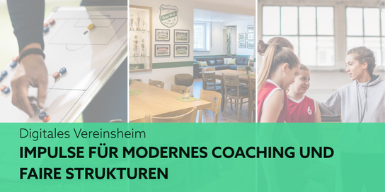Im Hintergrund befinden sich drei Bilder. Links ist eine Taktiktafel zu sehen. In der Mitte befindet sich ein leerer Raum mit Holztischen und Stühlen und rechts spricht eine Trainerin mit ihrem Team.