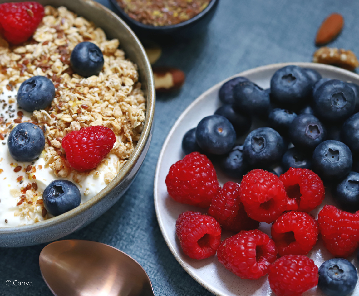 Symbolbild: Eine Bowl mit Joghurt, Haferflocken, Himbeeren und Heidelbeeren.