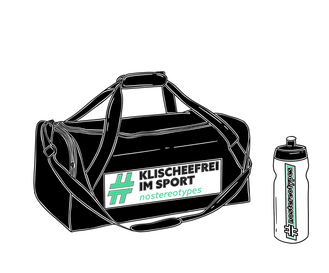 Eine Sporttasche und eine Trinkflasche mit Projektlogo.