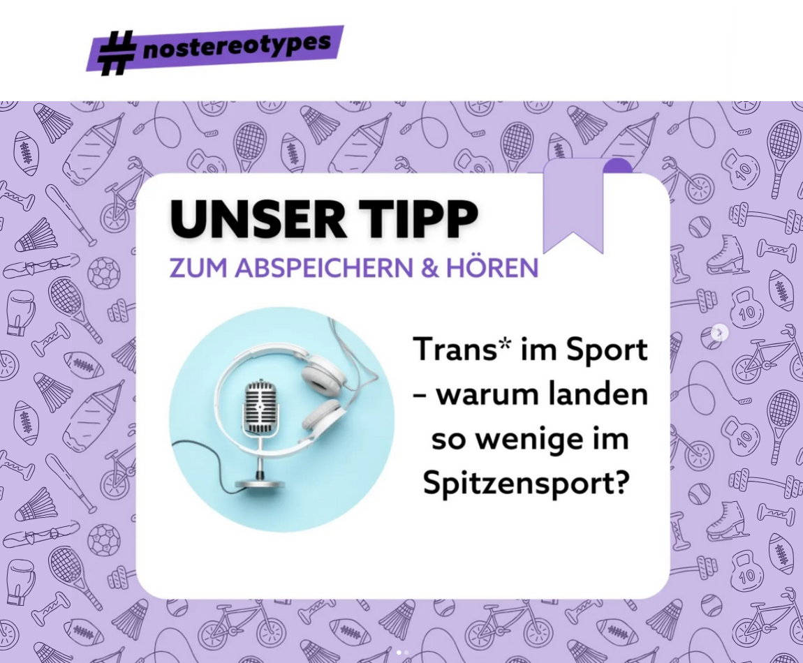 Violetter Hintergrund mit Symbolbilder von verschiedenen Sportarten. Ein weißer Kasten ist in der Mitte mit dem Titel des Podcasts. 